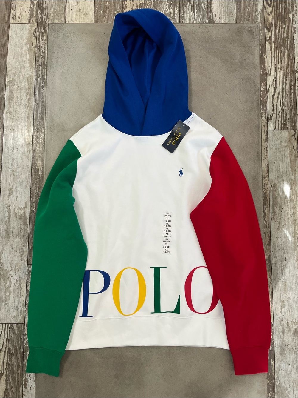 Polo Ralph Lauren Colorblock Fleece Cotton Pullover Hoodie White Blue Green XL